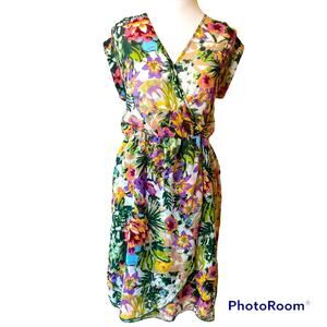 Bar III Tropical Floral Wrap Dress V Neck Elastic Waist Boho Midi